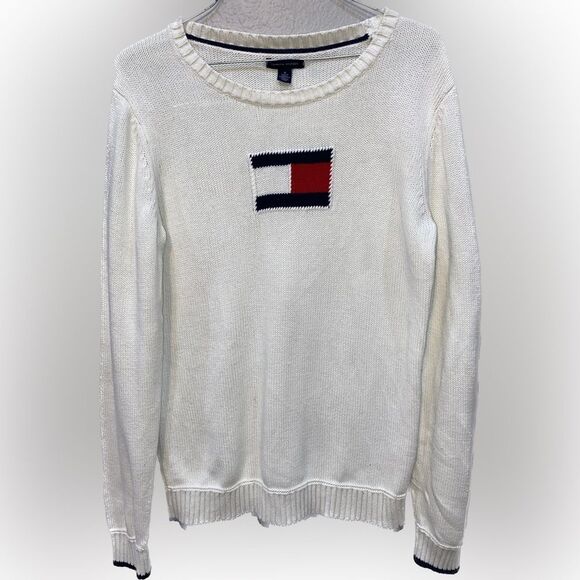 Vintage Y2K Tommy Hilfiger Logo Flag Thick Knit Crewneck Sweater Womens Medium - Picture 1 of 4